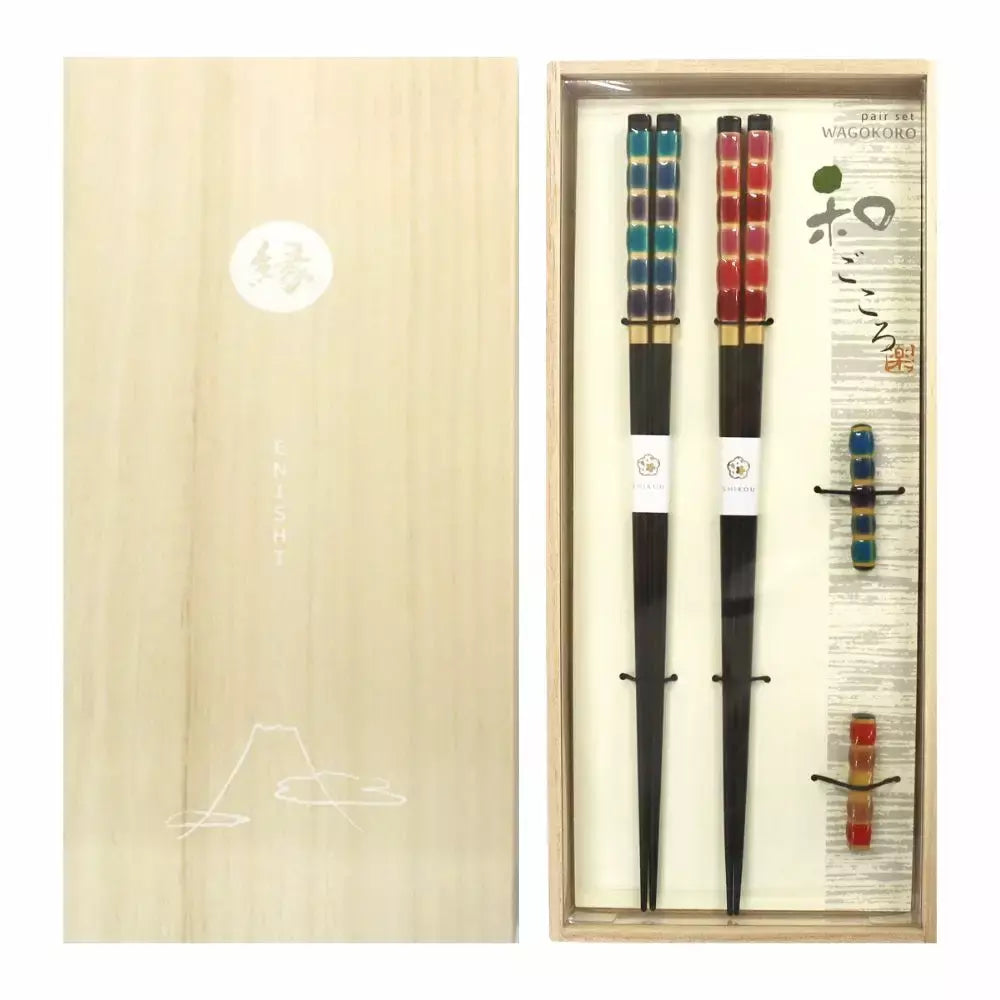 Aoba Glass Bead Design Chopsticks With Rests Blue & Red Gift Box