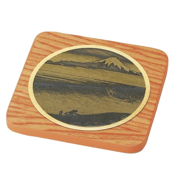 Brass Wood Coaster Ukiyo-e Tamagawa River & Mount Fuji Design