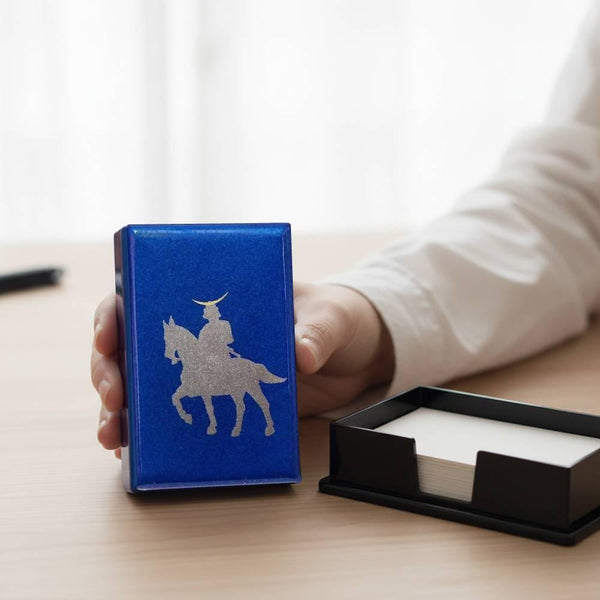 Indigo Blue Lacquered Card Holder Case Samurai On Horseback Design