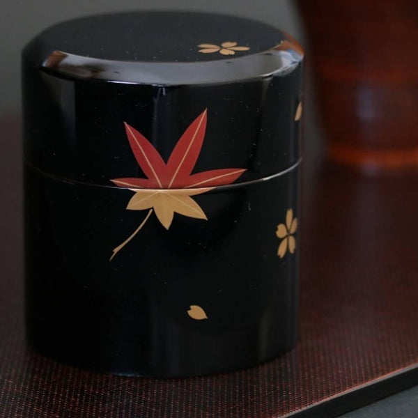 Isuke Lacquered Tea Caddy Maple & Cherry Blossom Canister