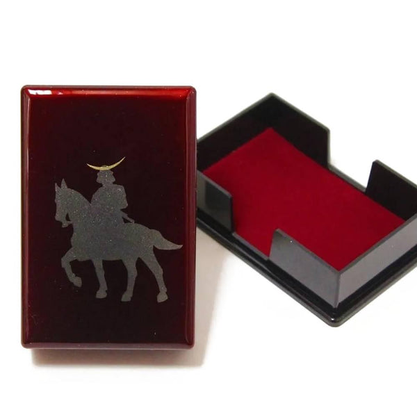 Red Lacquered Card Holder Case Samurai On Horseback Design