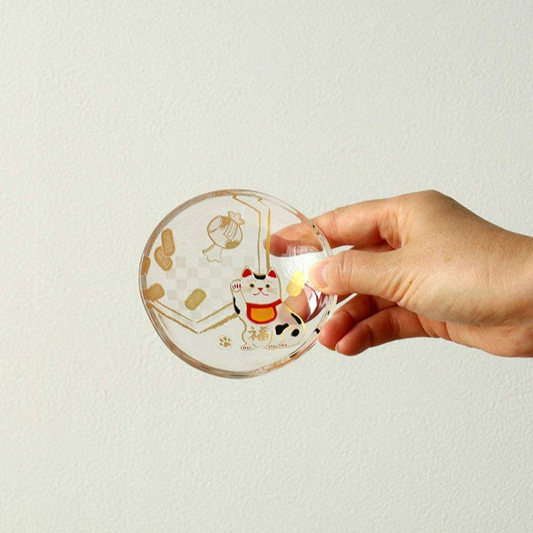 Aderia Small Glass Plate Gold Leaf Lucky Cat Design 90mm