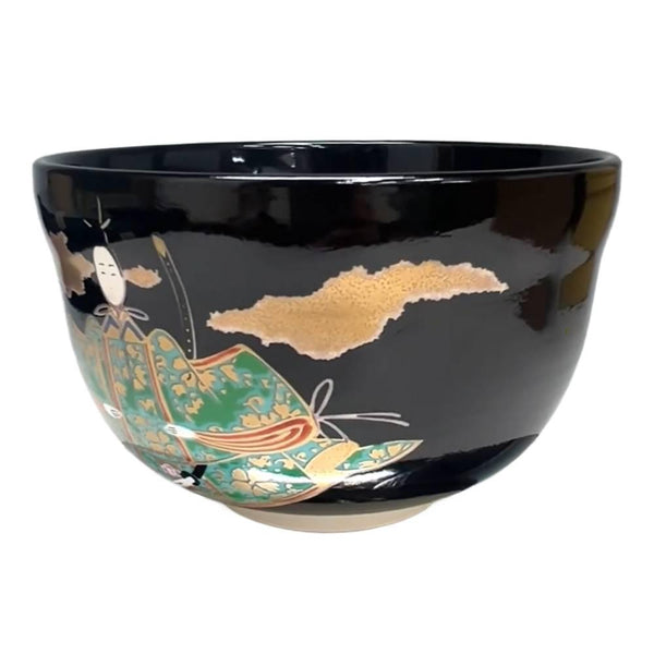 Handmade Chawan Black Ningyo Doll Design Matcha Cup Japanese Tea Bowl