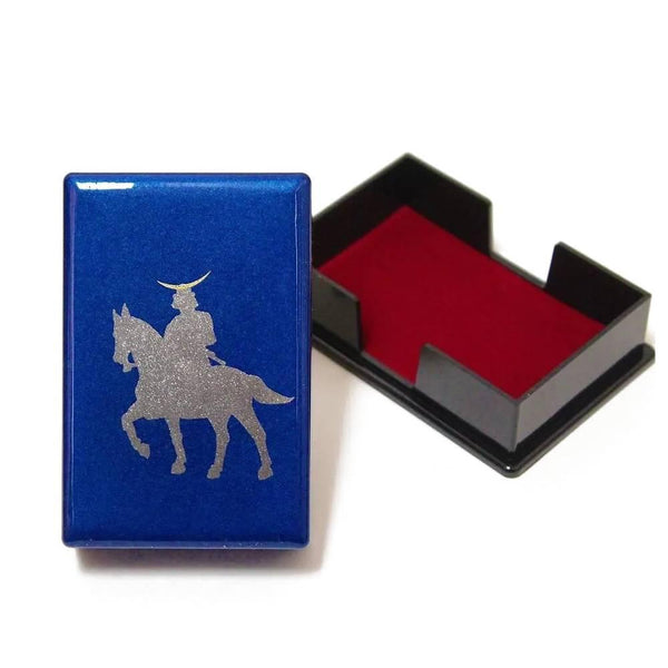 Indigo Blue Lacquered Card Holder Case Samurai On Horseback Design