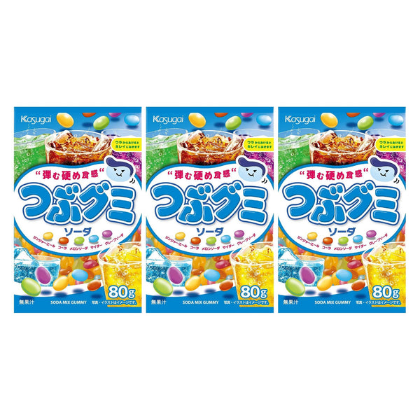 Kasugai Tsubu Gummy Mixed Soda Flavor Gummies 80g (Pack of 3)