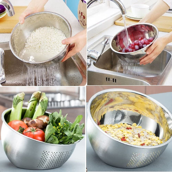 Stainless Steel 3-Way Rice Washing Bowl With Strainer