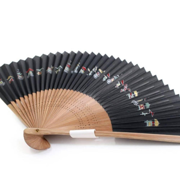 Yamani Festival Carts Design Black Sensu Handheld Folding Fan 21.5cm