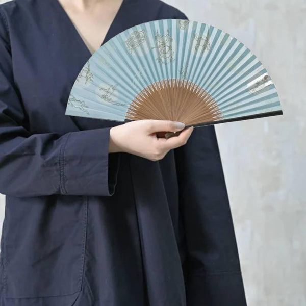 Yamani Frog & Rabbit Design Blue Sensu Handheld Folding Fan 21.5cm